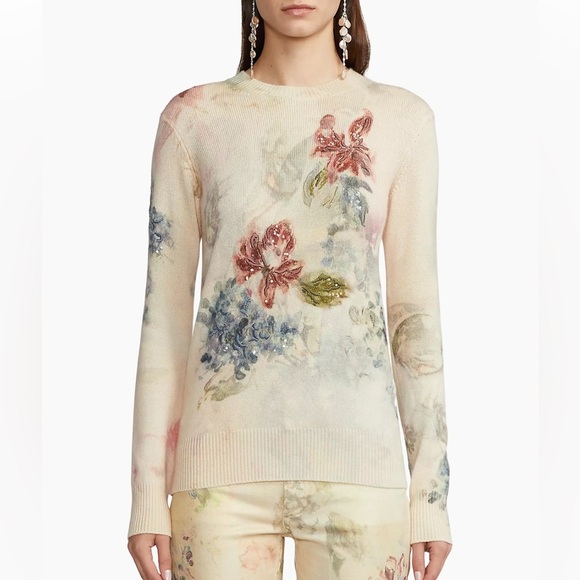 Ralph Lauren Collection Embellished Floral Crewneck Cashmere Sweater - Picture 1 of 16